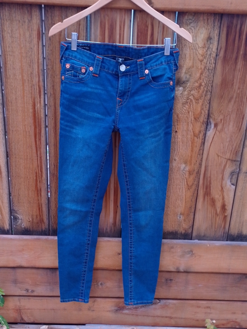 True Religion Indigo Skinny Jeans With Orange And Yellow Embroidery Buddha